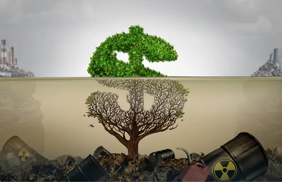 greenwashed dollar sign above pollution