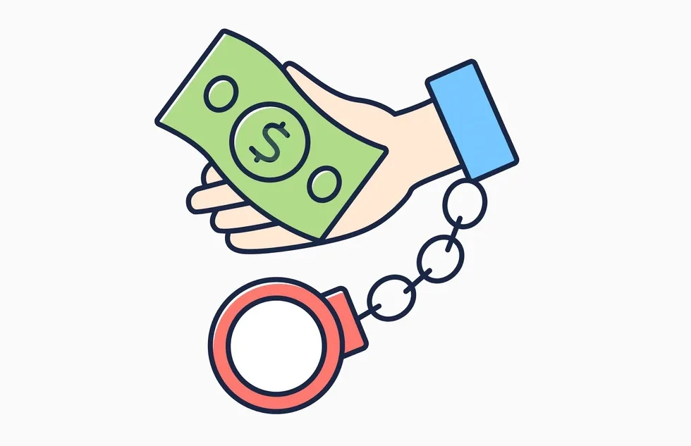 Handcuffed hand holding cash (illlustration)