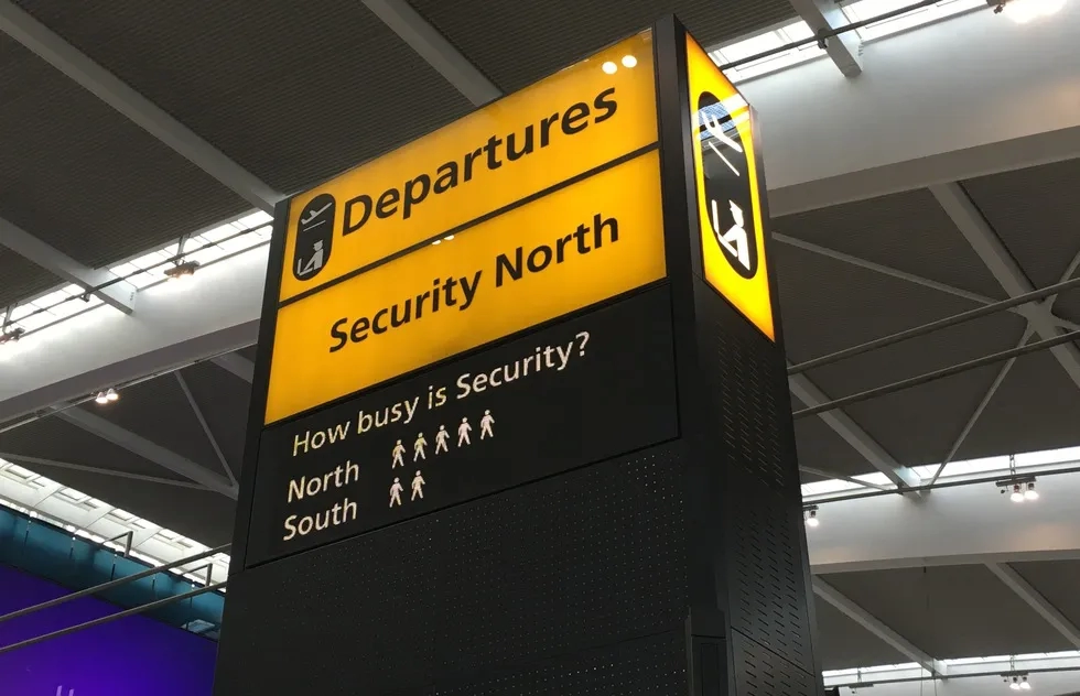 Departures board, security, Heathrow airport