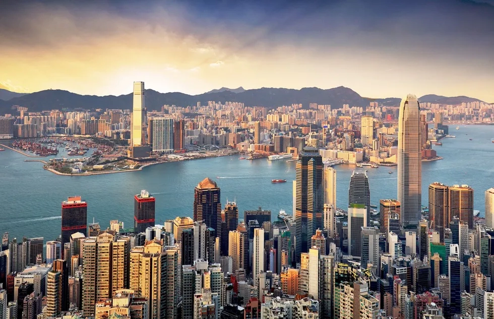 Hong Kong skylines and harbour, aerial