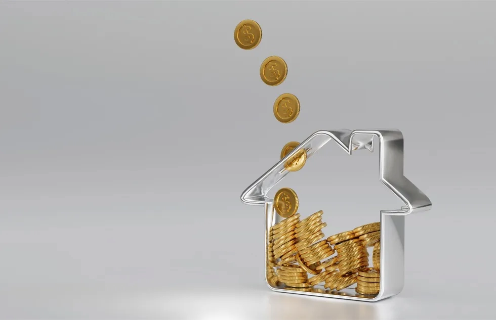 illustration: home outline is piggy bank with gold coins