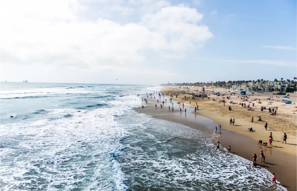 Aerial of Huntington Beach, California on a busy day