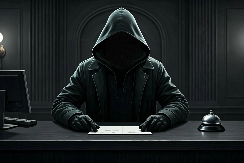 Identity thief behind hotel check-in desk presenting a form to be filled out
