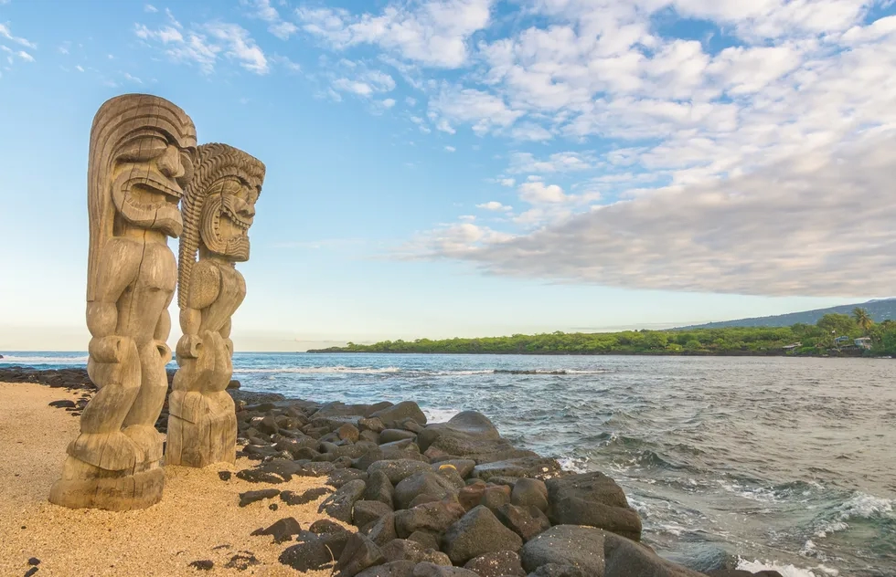 wooden carvings of Hawaiian gods, Pu'uhonua O Honaunau National Historical Park