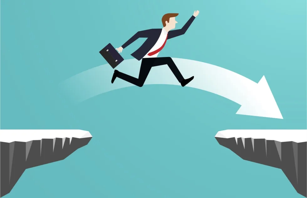 illustration: man in suit with luggage / briefcase leaps over chasm between two cliffs