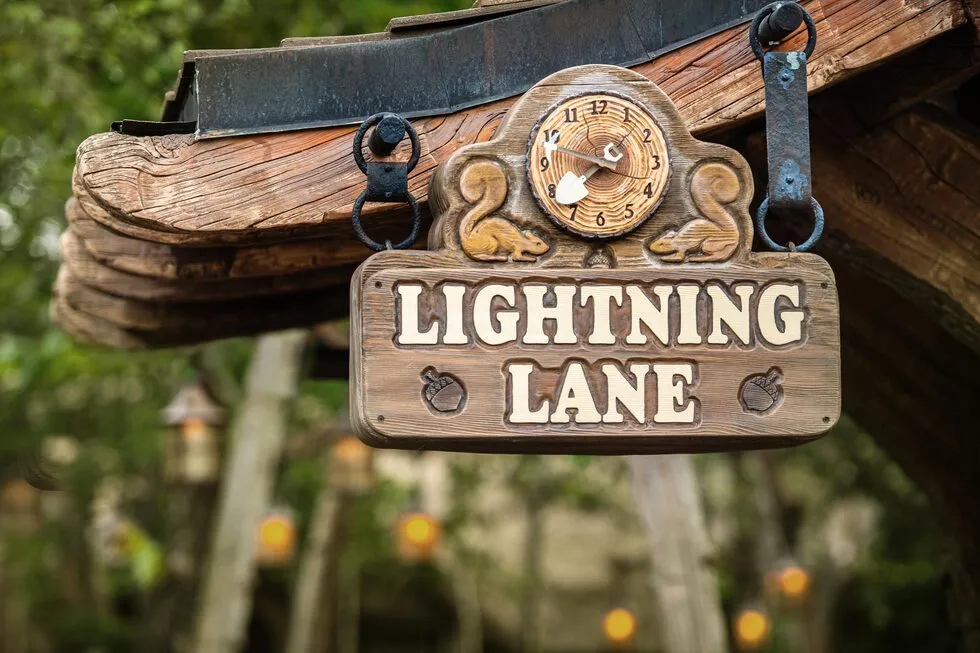 Lightning Lane sign for Genie+ at Seven Dwarfs Mine Train, Magic Kingdom, Walt Disney World