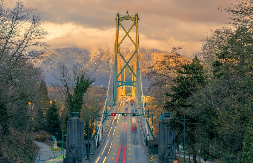 Lions Gate Bridge in sunset, Vancouver, BC, Canada