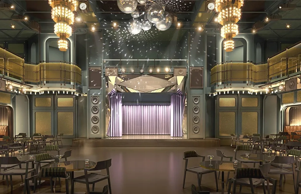 The Manor performance space, Scarlet Lady, Virgin Voyages (rendering)