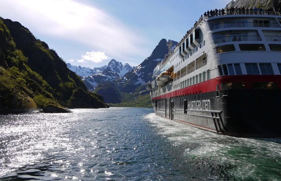 Hurtigruten MS Maud sails in Norway fjord