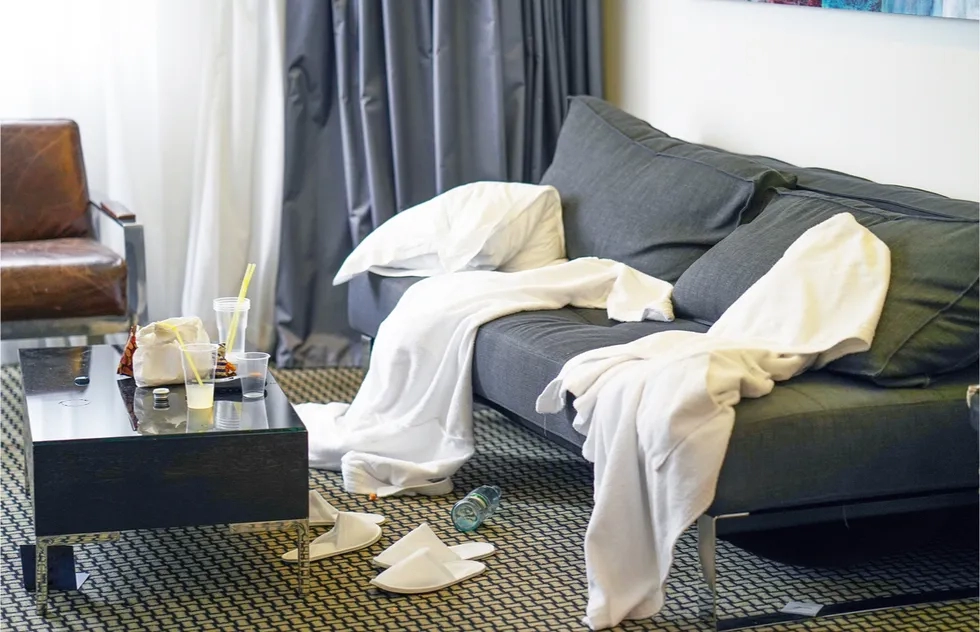 messy hotel room