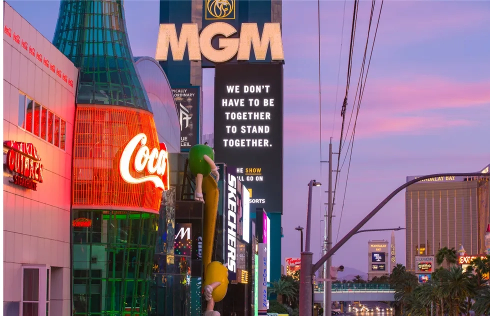 Sign on MGM hotel Las Vegas Strip with Covid-19 unity message