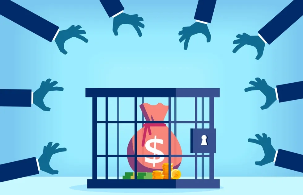 Sack of money in a cage with lots of hands trying to grab it
