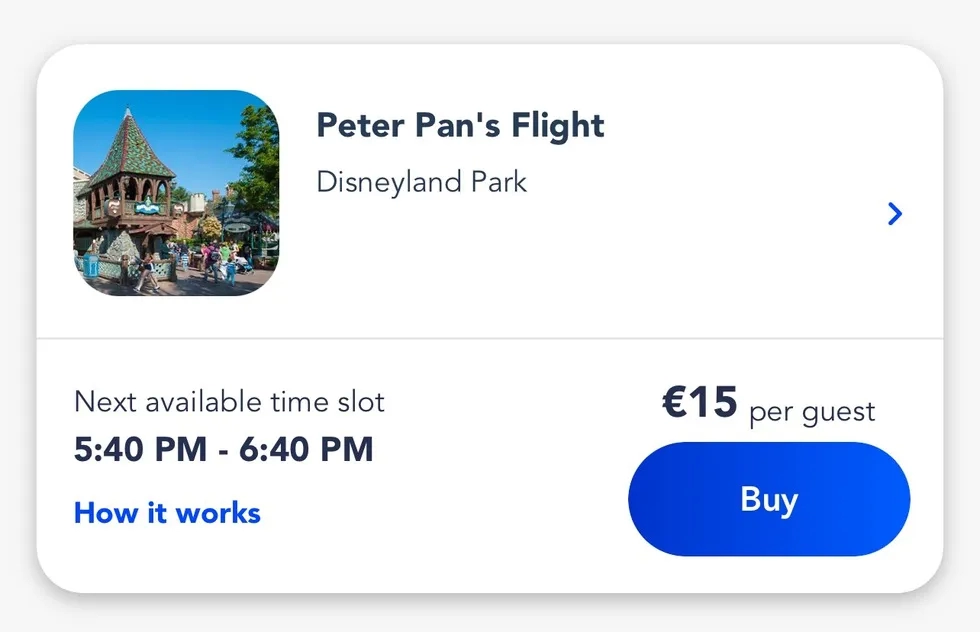 Peter Pan's Flight Premier Pass reservation screen