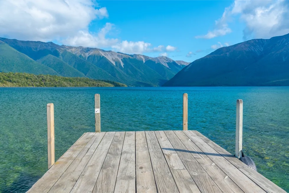 Wooden pier at Lake Rotoiti in New Zealand
