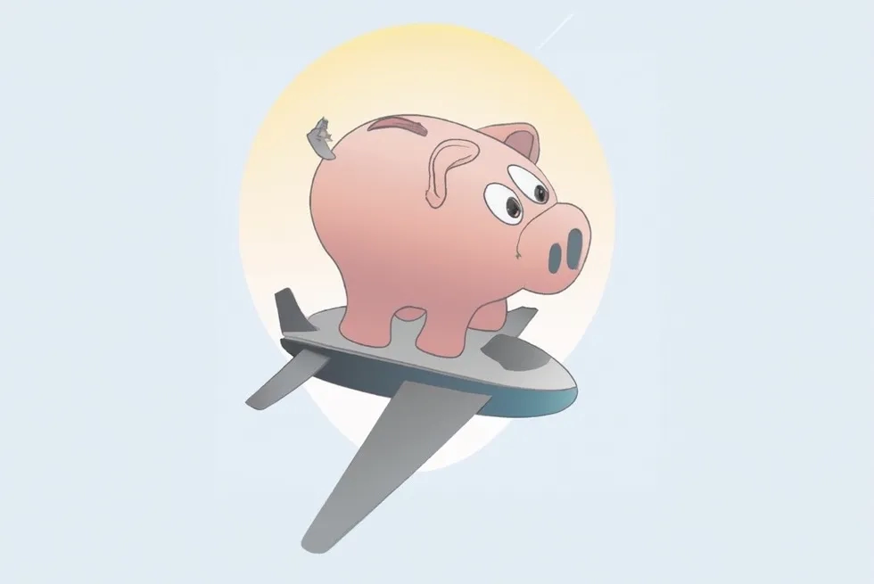 piggy bank riding on airplane (illustration)