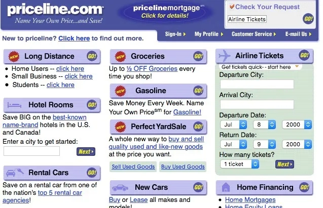 Priceline.com home page, 2000