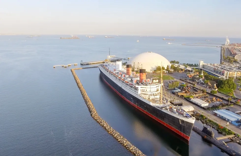 Queen Mary ship docked in Long Beach (aerial)
