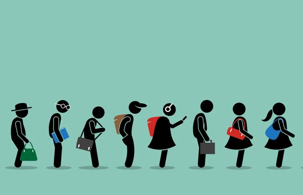 illustration: pictogram people with baggage in a queue