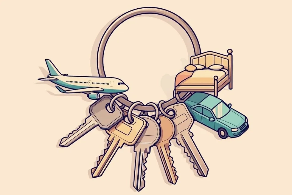 ring of keys with airline jet, bed, and car