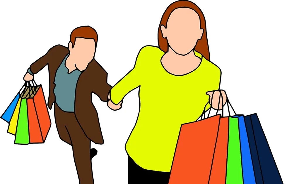 Cartoon couple running with shopping bag