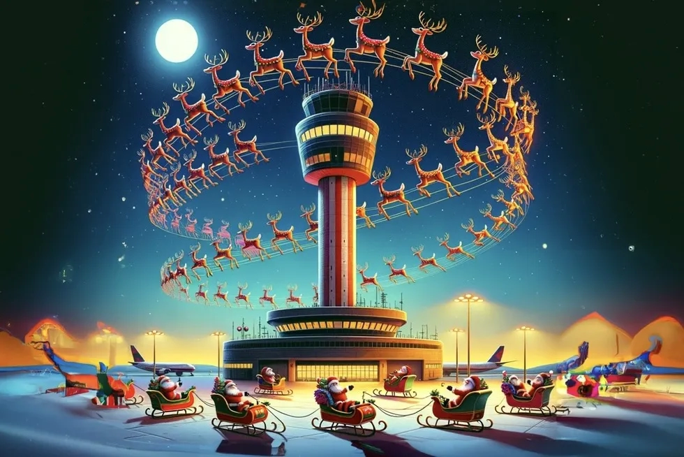Santa's sleighs flight delay at airport (illustration)