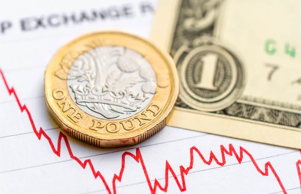 British pound coin and US dollar bill on currency exchange chart
