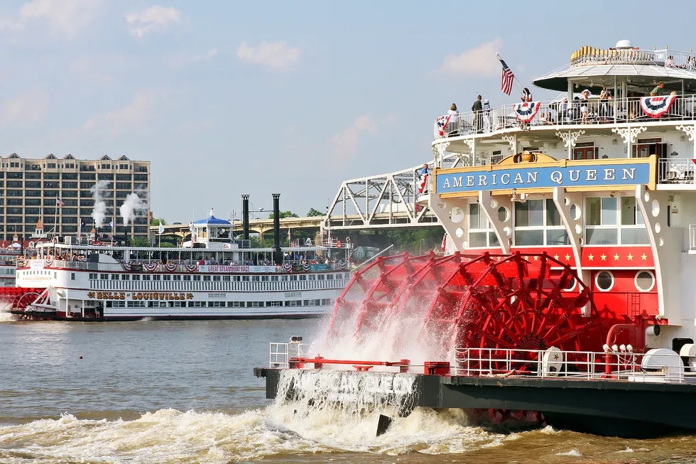 stern of American Queen paddlewheel river steamship in port at Louisville