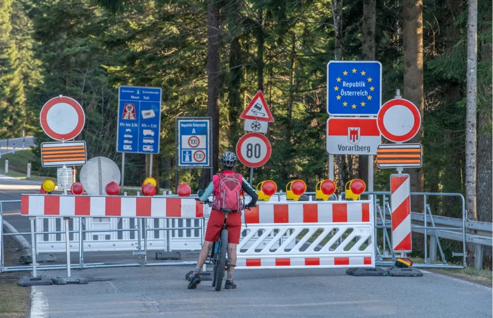 Border closure on a country road between Austria and Germany, April 2020