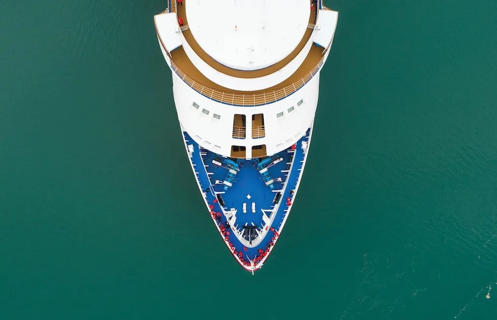 bow of Silversea's Silver Cloud by drone