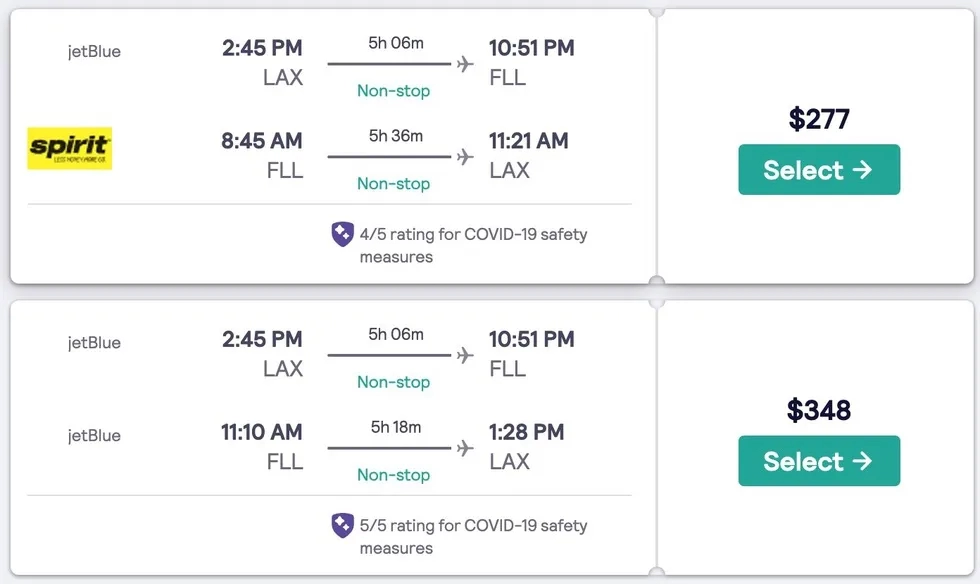 Skyscanner results page showing Covid-19 safety ratings