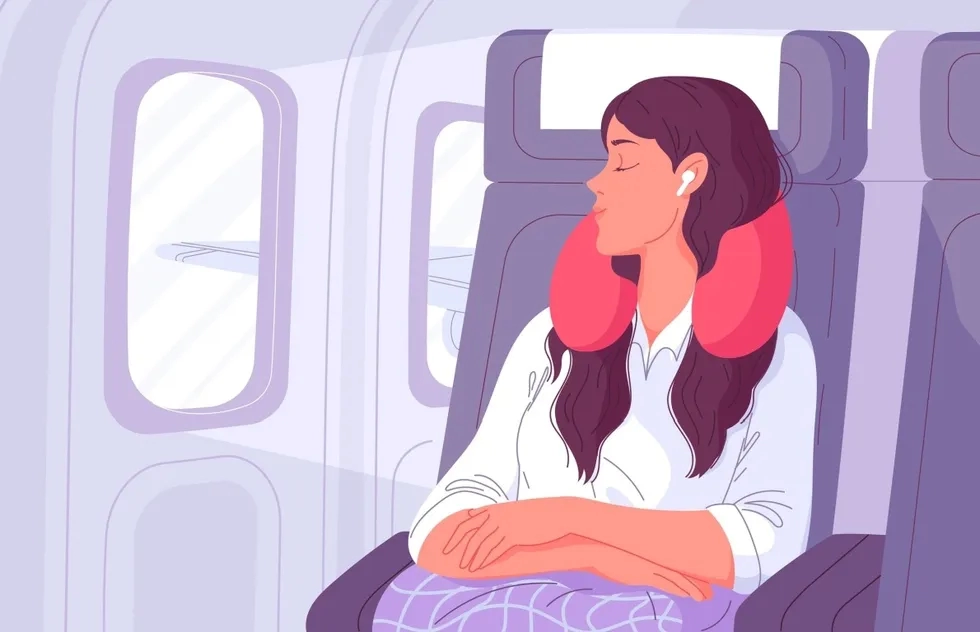 woman sleeping on airplane (illustration)
