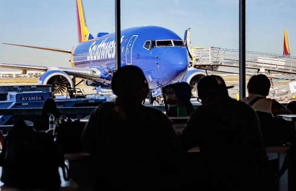 Southwest Airlines jet seen from airport terminal