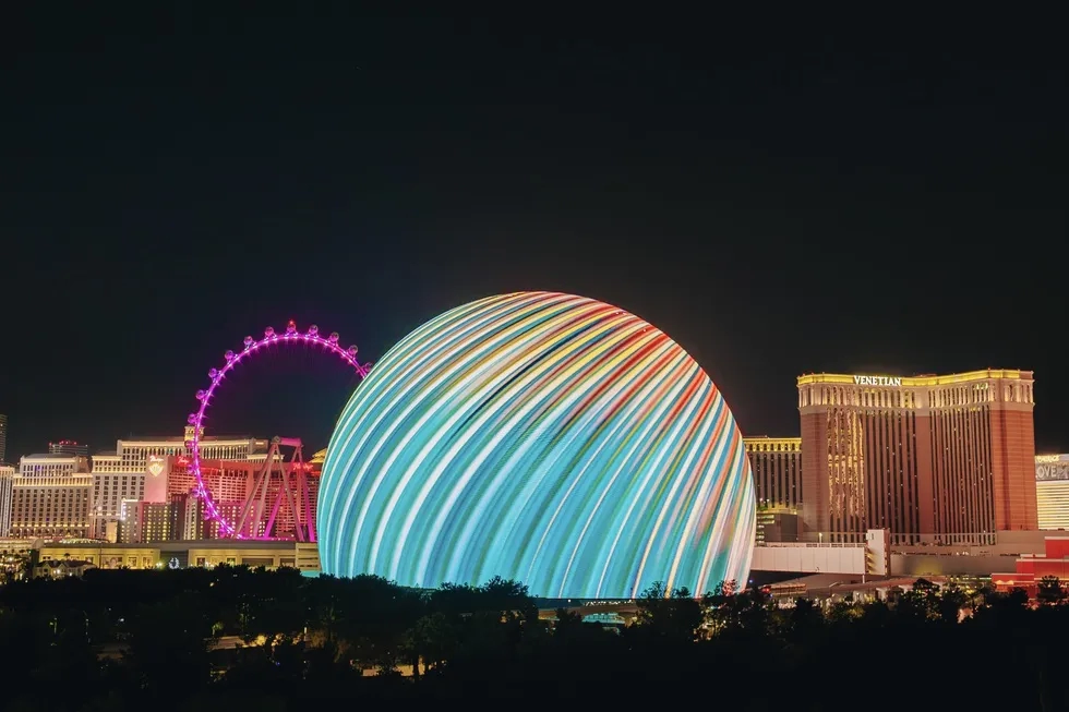 Sphere on the Las Vegas skyline at night, looking west