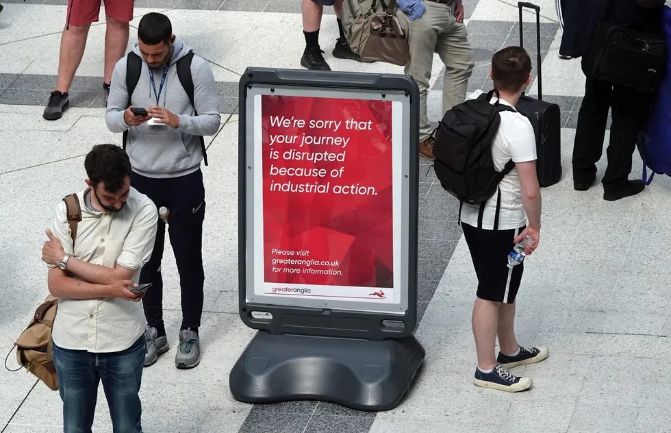 strike notice board at train station in England, June 2022