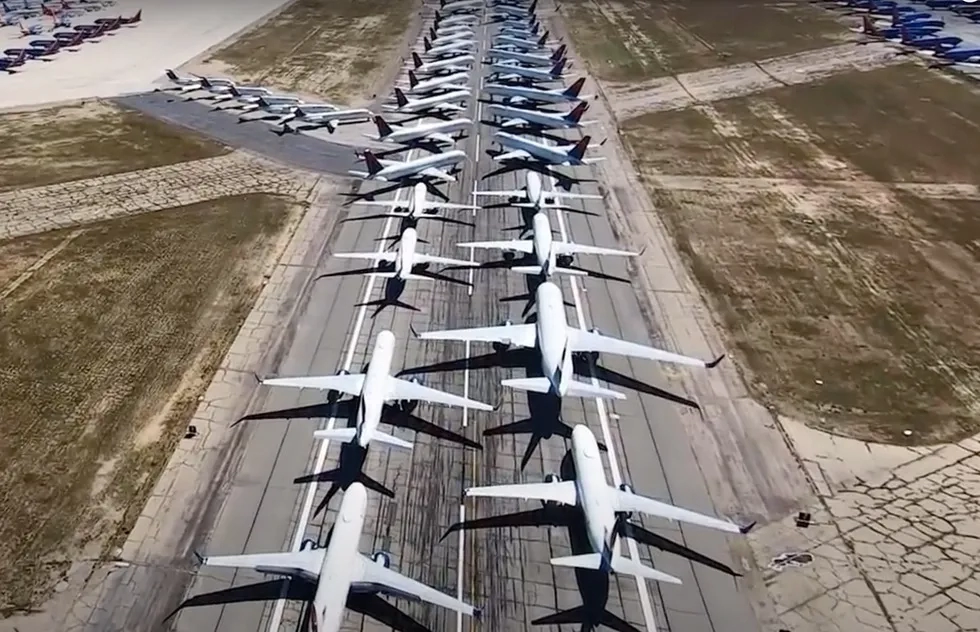 Aerial of airline jets stored at Southern California airfield