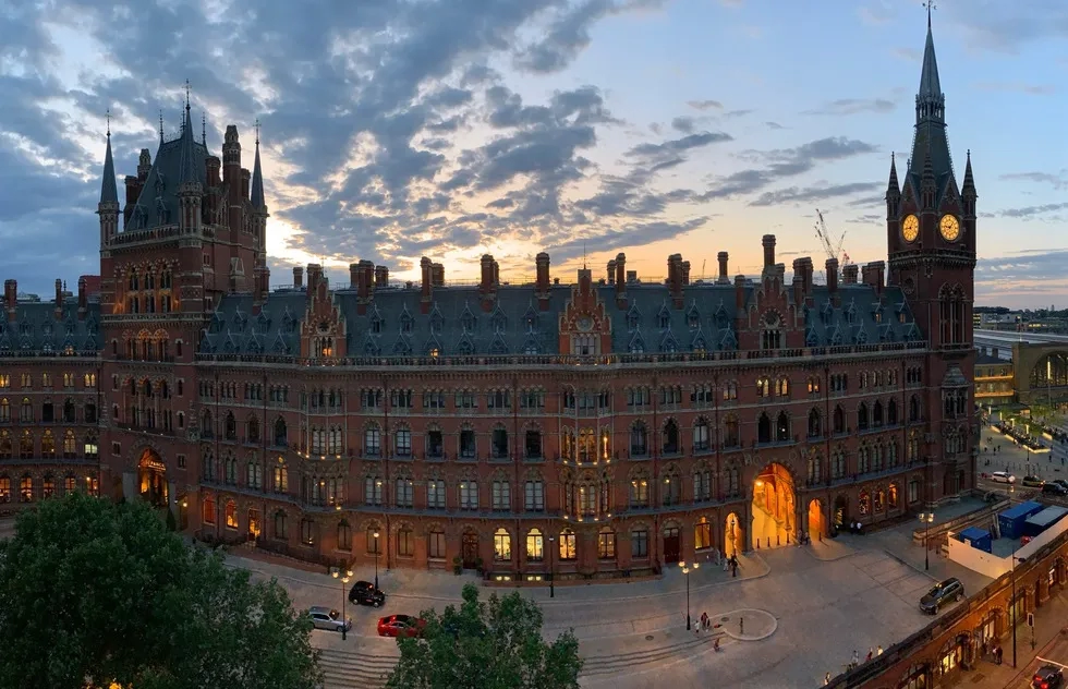St Pancras station at sunset, London