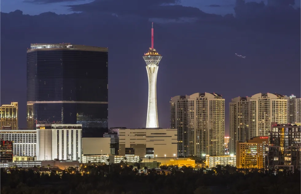 Stratosphere (The Strat), Las Vegas, skyline before storm