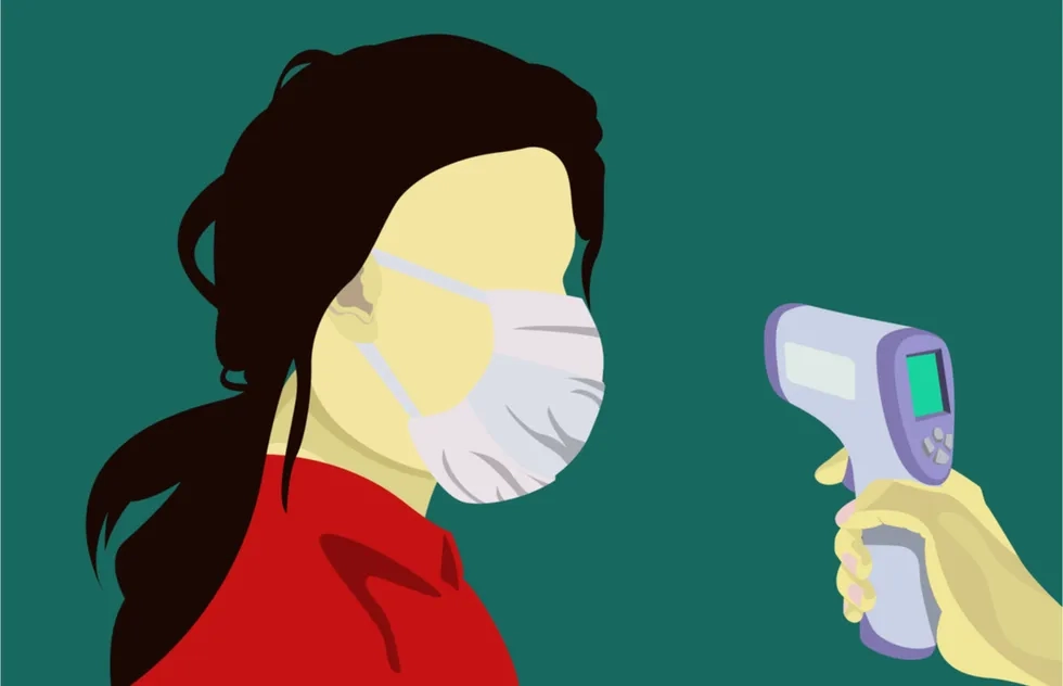 temperature gun aimed at faceless woman (illustration)