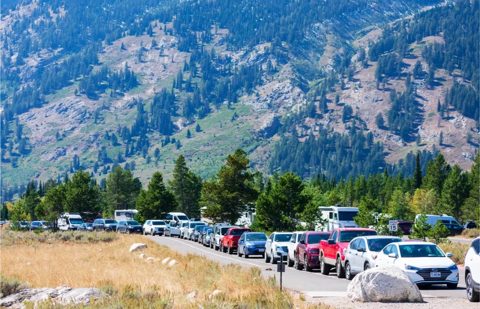 Line of cars on road to Jenny Lake at Grand Teton National Park, 2020