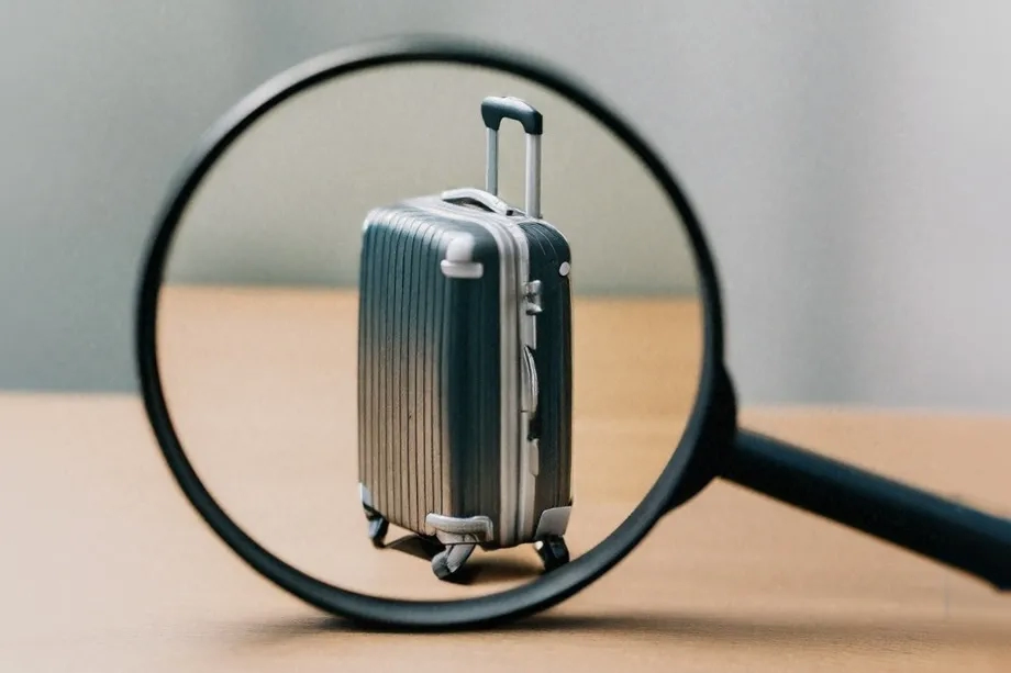 tiny rolling luggage under a magnifying glass (illustration)