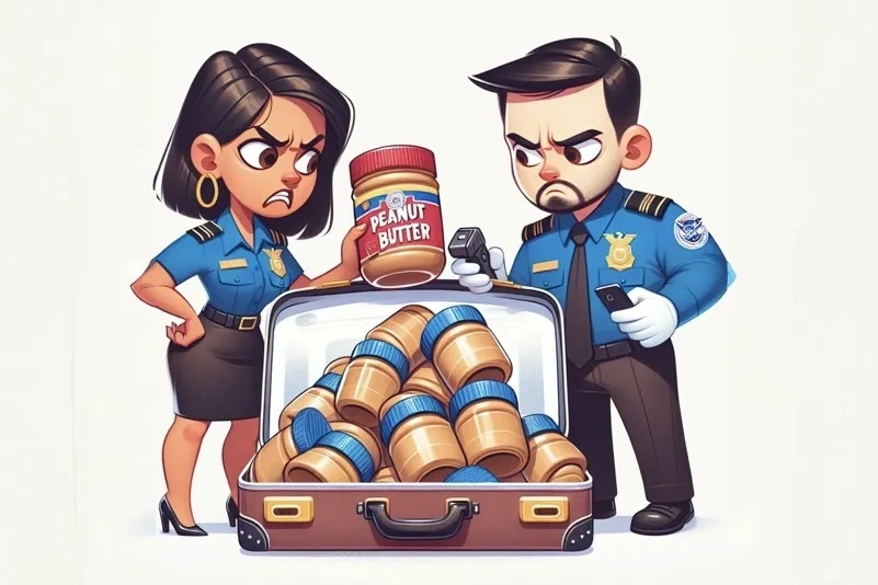 Annoyed TSA agents peering into suitcase overflowing with peanut butter (illustration)