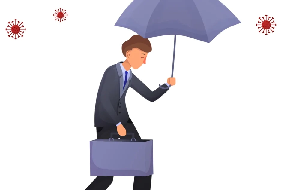 illustration: man with suitcase carrying umbrella, raining virus