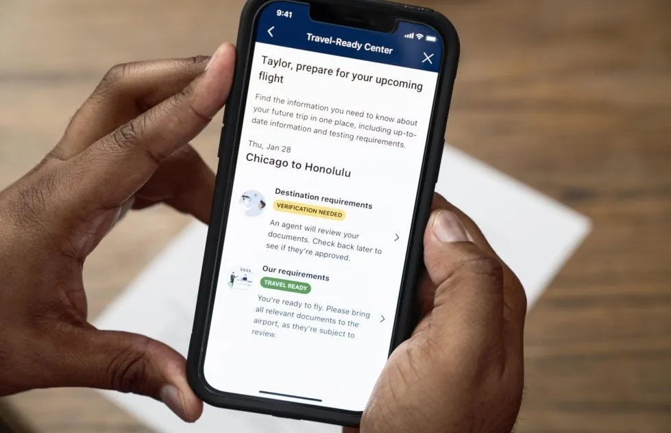United Airlines Travel-Ready Center app in use