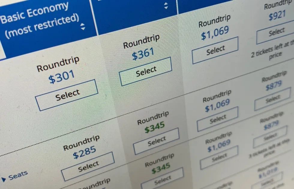 United Airlines airfare search results page