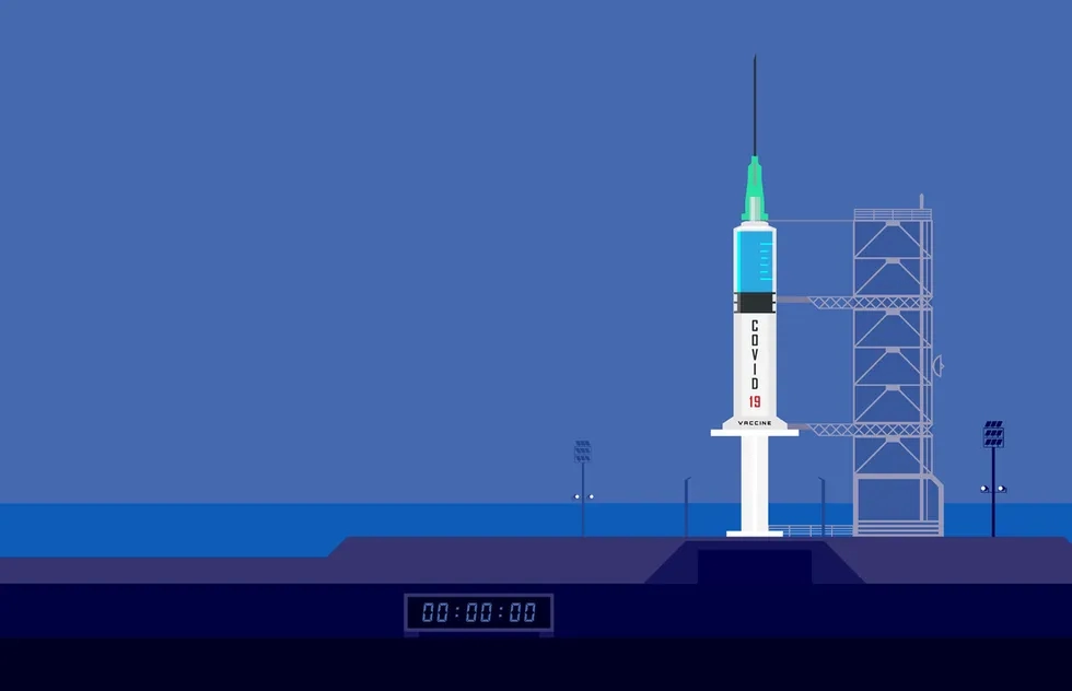 vaccine syringe as rocket on launch pad