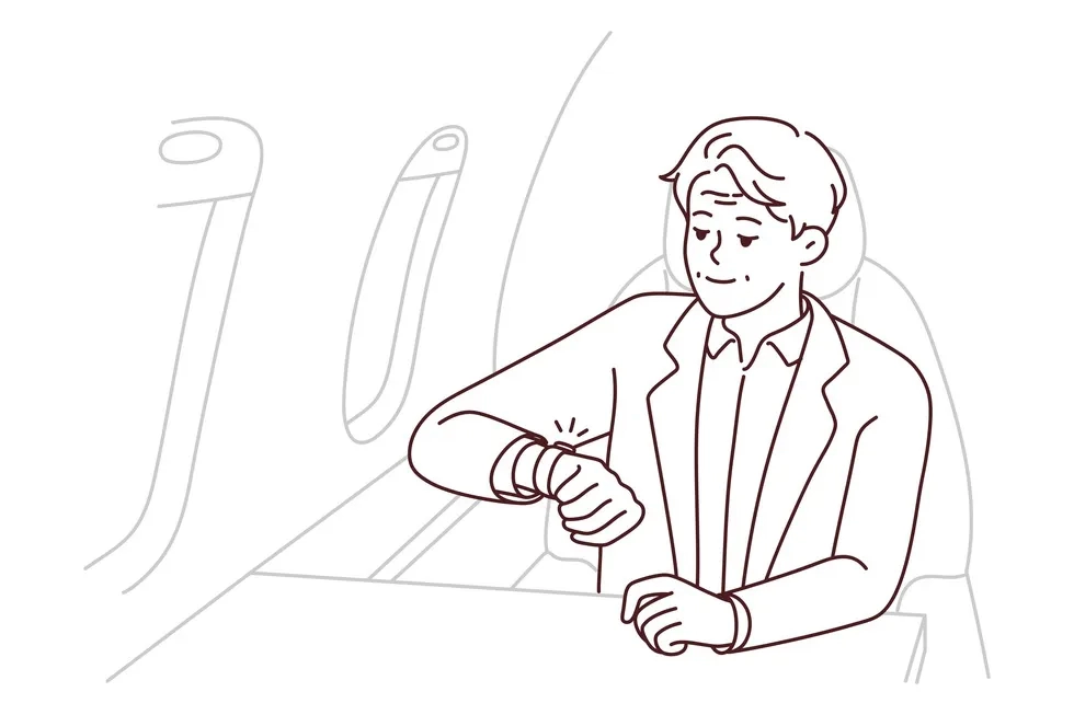 line illustration of man checking his watch on airplane