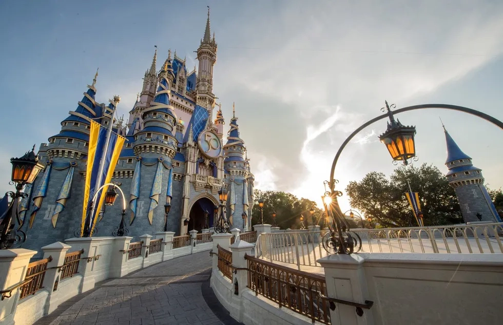 Walt Disney World Cinderella Castle with 50th anniversary decorations, 2021