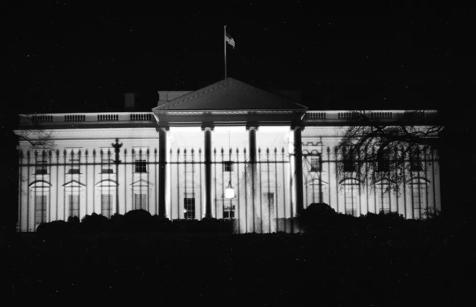 White House through fence, black and white