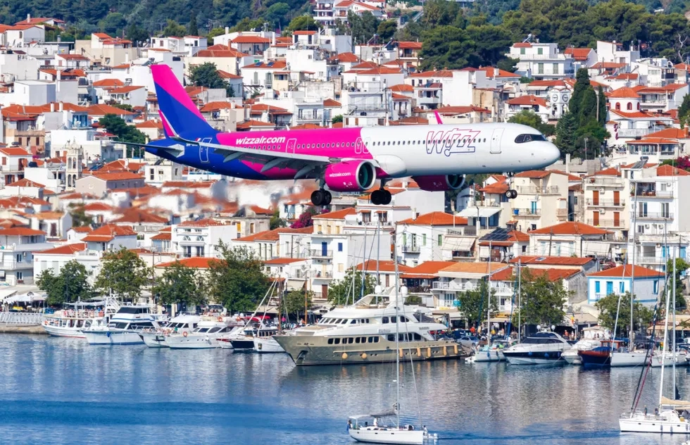 Wizz Air plane landing in Skiathos, Greece