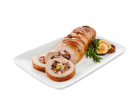 Fig and Blue Cheese Stuffed Pork Loin on a serving platter